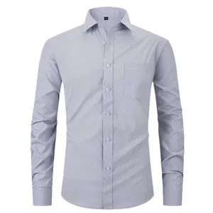 Men's casual long-sleeved shirt with micro-grid geometric print in light blue and white