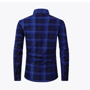 Camicia casual a maniche lunghe da uomo, foderata in pile, motivo a quadri blu navy, retro