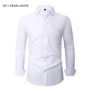 Pearl white four-way stretch men's slim fit long-sleeve business dress shirt, professional view