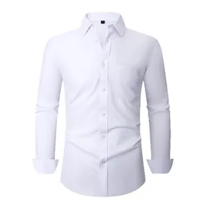 Classic men's white long-sleeved business dress shirt featuring a slim-fit stretch design