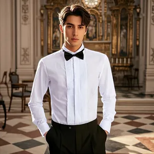 Men Formal Tuxedo Shirt With Wing Collar And Bow Tie Cufflinks Pleated Front Long Sleeve Cotton Blend Top For Wedding Banquet Performance