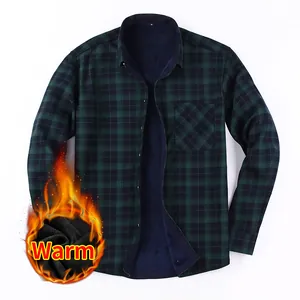 Men's green plaid long-sleeve shirt with thick thermal fleece lining for winter