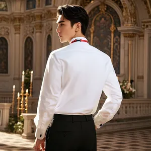 Back view of premium white wing collar tuxedo shirt for men in formal palace setting