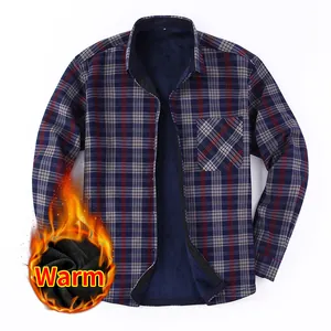 Men's warm fleece-lined plaid shirt with long sleeves, navy thermal inner, and button-up design
