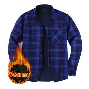 Men's blue plaid long sleeve shirt with thick fleece lining for winter warmth