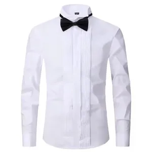 White wing collar tuxedo shirt with black bow tie for wedding groom or formal event
