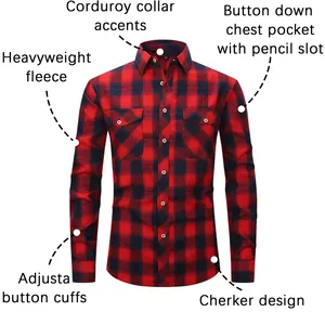Men's vintage red and navy plaid flannel shirt with heavyweight fleece and chest pockets