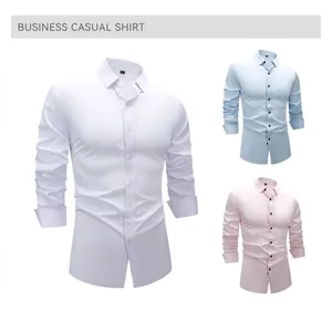 Men's business casual long-sleeved shirts shown in white, light blue, and pink colors