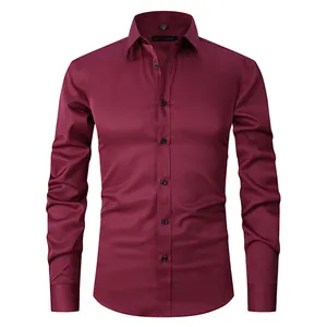 Men's slim fit burgundy long sleeve business dress shirt in premium elastic fabric