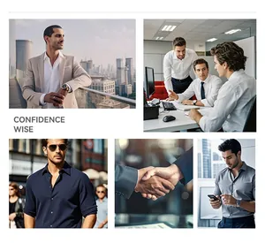 Collage of men wearing professional stretch dress shirts in office and urban settings.