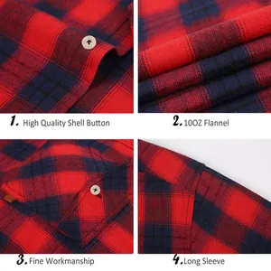 Detailed views of red and black brushed flannel plaid shirt for men