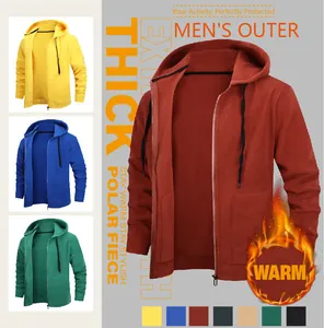 Detail view of men's thick polar fleece hooded cardigan sweater in multiple colors.