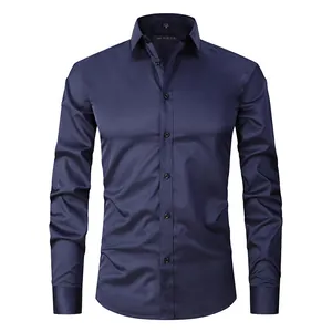 Elegant men's slim fit long sleeve business formal dress shirt in deep navy blue finish