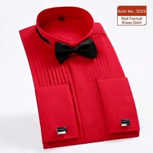Men's elegant red formal dress shirt with wing collar, black bow tie and cufflinks