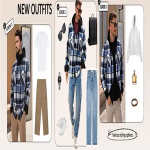Chemise en flanelle à capuche à carreaux bleus pour hommes, trois styles de tenues.