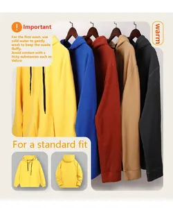 Macro view of multi-color fleece zip-up hoodies with product details and washing instructions