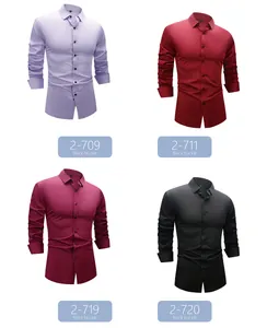 Detail view of four-way stretch men's long sleeve dress shirts in various colors