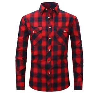 Classic red and black plaid flannel shirt for men with long sleeves and double chest pockets