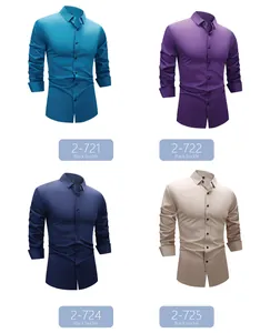 Detail view of men's long-sleeve four-way stretch shirts in four distinct colors.