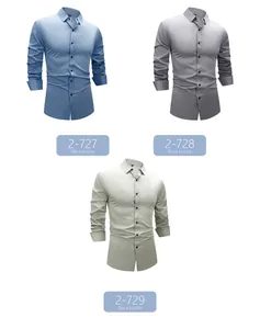 Detail view of men's long-sleeved stretch shirts in blue, gray, and beige.