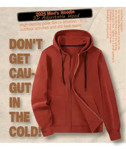 Men's rust red high density polar fleece zip-up hoodie with an adjustable 3D hood