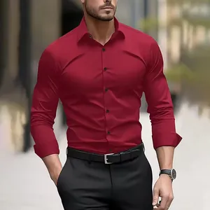Detailed view of red slim-fit men's long sleeve dress shirt in premium stretch fabric