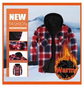 Detail view of men's hooded flannel plaid shirt with thick black fleece lining for warmth