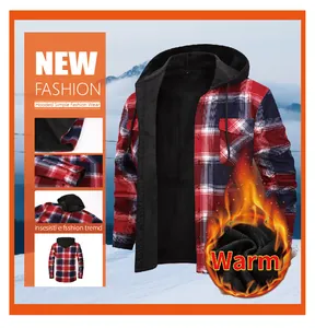 Close-up detail view showing the thick fleece lining and red plaid pattern of men's hooded shirt