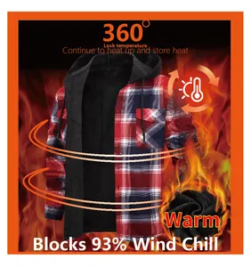 Detailed view of men's fleece lined plaid hooded shirt showing superior warmth features