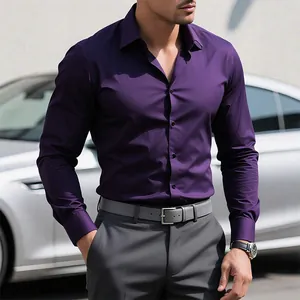 Men Business Casual Long Sleeve Shirt 4-Way Stretch Wrinkle Resistant Solid Color Fitted Button Down Shirt