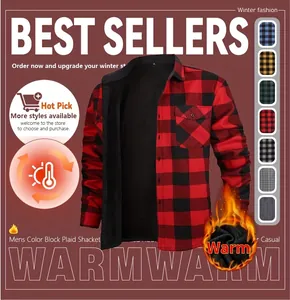 Detailed close-up of men's red buffalo plaid flannel shirt featuring warm black fleece lining