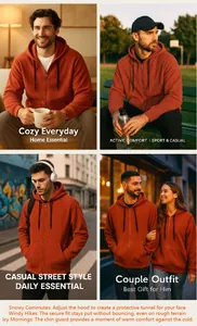 Men's rust red zip-up fleece hoodie shown in various lifestyle and outdoor settings