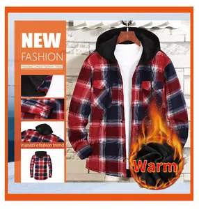 Detailed shots of men's hooded plaid shirt with warm fleece lining and classic checkered pattern