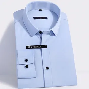 Slim fit light blue long-sleeve business dress shirt with four-way stretch fabric