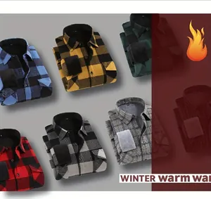Detailed view of men's fleece-lined flannel checkered shirts in various colors