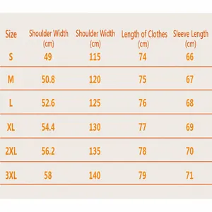 Detailed size chart for solid color hooded cardigan sweater coat for men, sizes S to 3XL