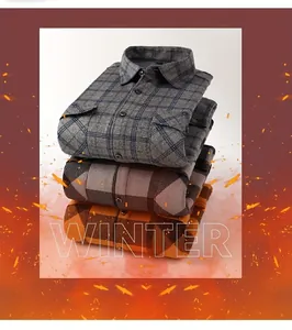 Stack of three warm flannel plaid shirts in various colors for winter season