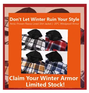 Detail showing multi-color options of men's fleece-lined hooded plaid shirt jacket