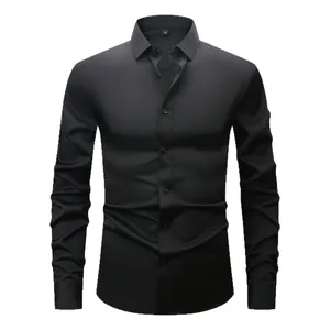 Men's formal black long sleeve dress shirt with four-way stretch slim fit design
