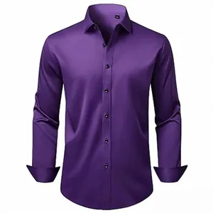 Men's solid purple long-sleeved dress shirt with premium stretch anti-wrinkle fabric