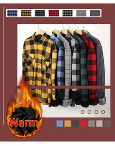 Close-up of heavy flannel plaid shirt detail with warm fleece lining display