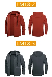 Mens hooded fleece cardigan jacket in rust and grey, front and back views.