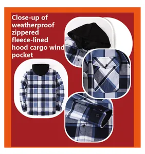 Close-up detail view of the hood, pocket, and cuff of a blue plaid fleece-lined shirt