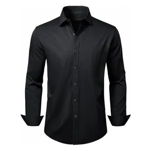 Men's black long-sleeve dress shirt with four-way stretch and anti-wrinkle fabric.