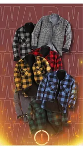 Multiple colors of men's heavy fleece lined plaid flannel shirts for winter warmth.