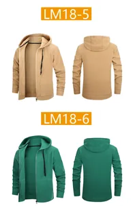 Detail view of men's solid color hooded zip-up cardigan sweater coat in tan and green