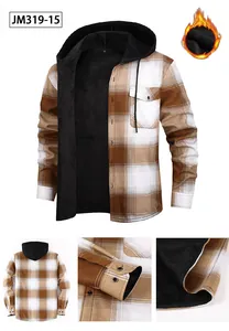 Vue détaillée de la chemise à carreaux à capuche pour hommes doublée de polaire chaude
