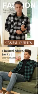Detail view of men's fleece-lined flannel plaid shirt jackets in two colors