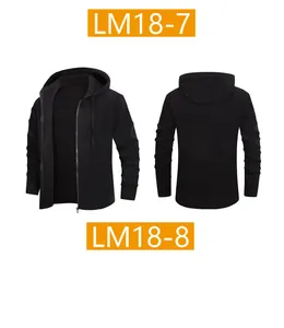 Front and back view of a men's minimalist black hooded zip-up cardigan sweater