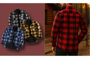 Back view and color options of men's fleece-lined thick flannel plaid shirt